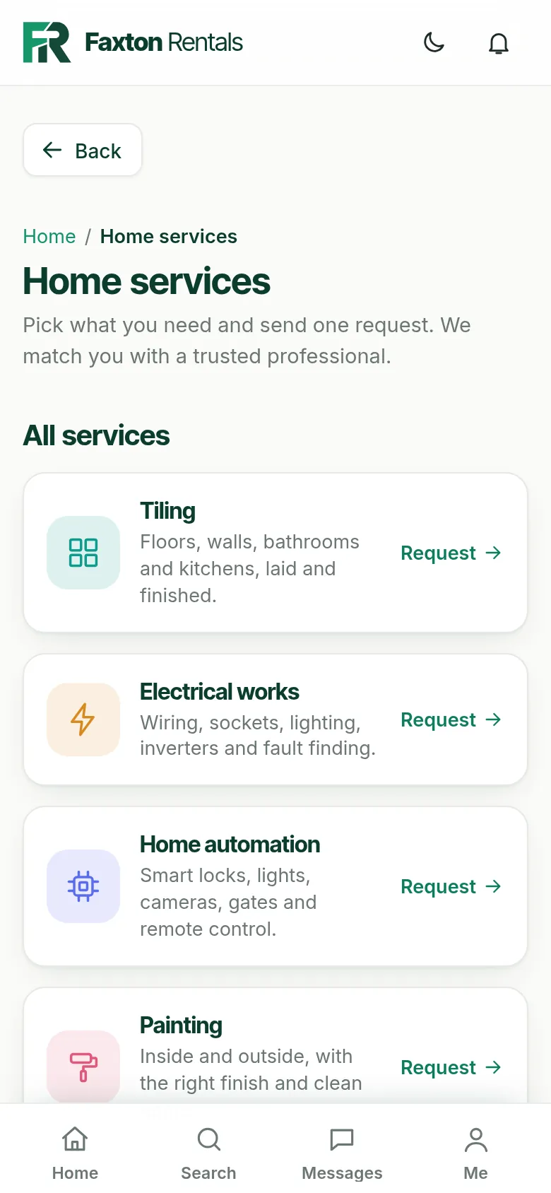 Faxton Rentals home services screen showing service providers