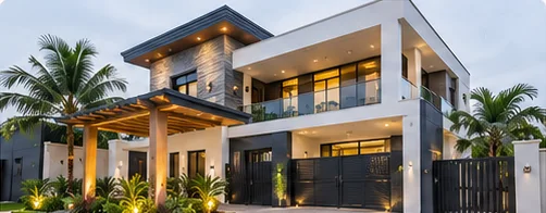 Modern two-storey house with a timber pergola entrance and palm trees