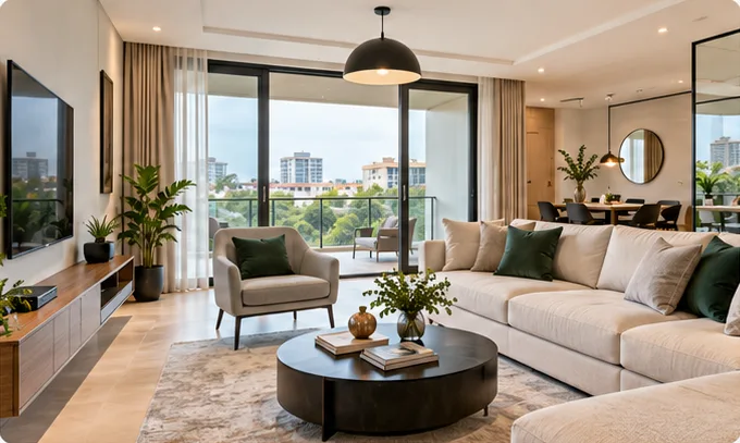 Bright living room with a sofa, an armchair and a balcony view over the city